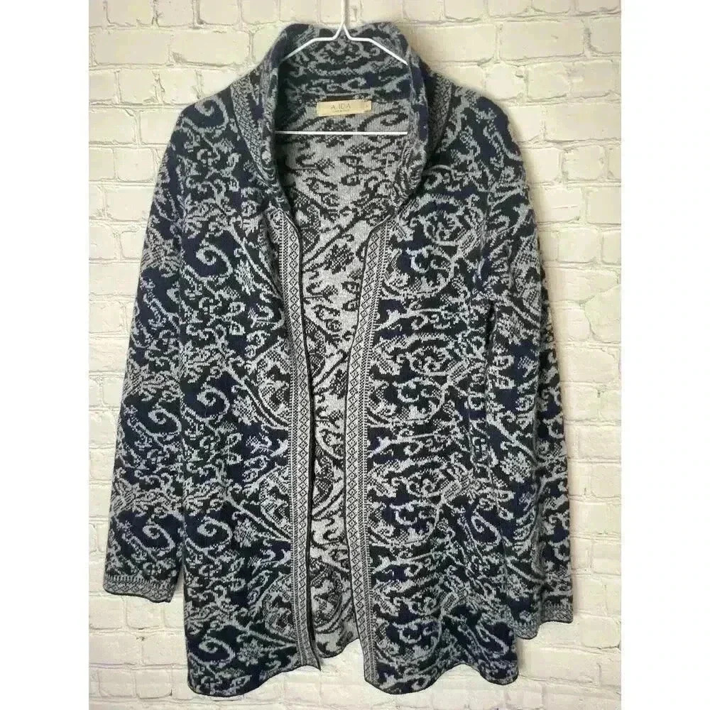 A.IDA Cardigan Sweater Blue & Gray Brocade Floral Stretch Wool Blend Size M EUC